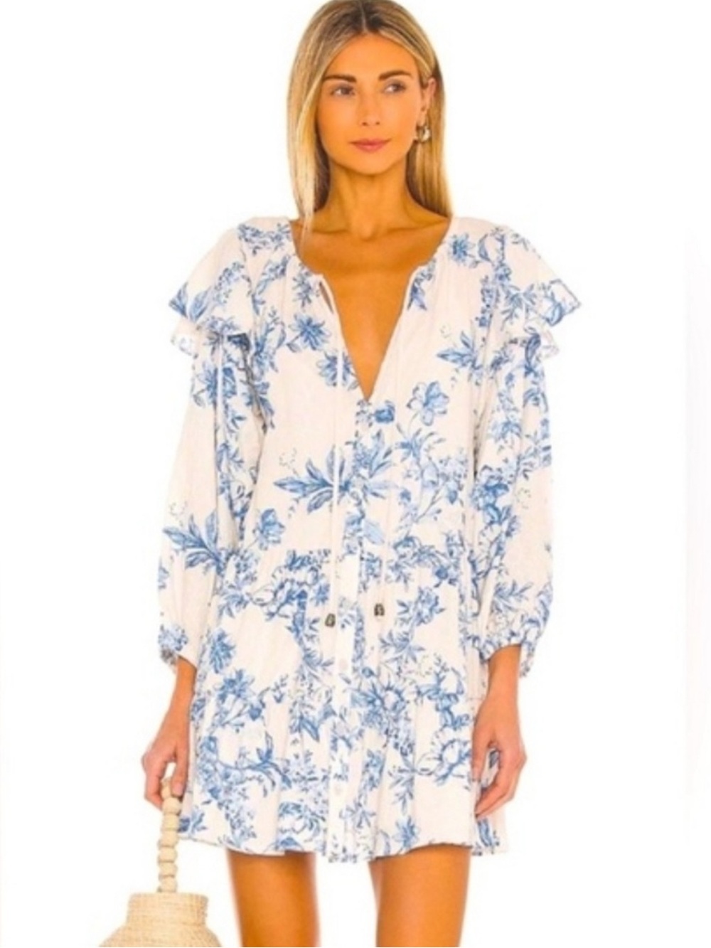 Free People White Mini Dress with Blue Floral Print - Picture 2 of 9